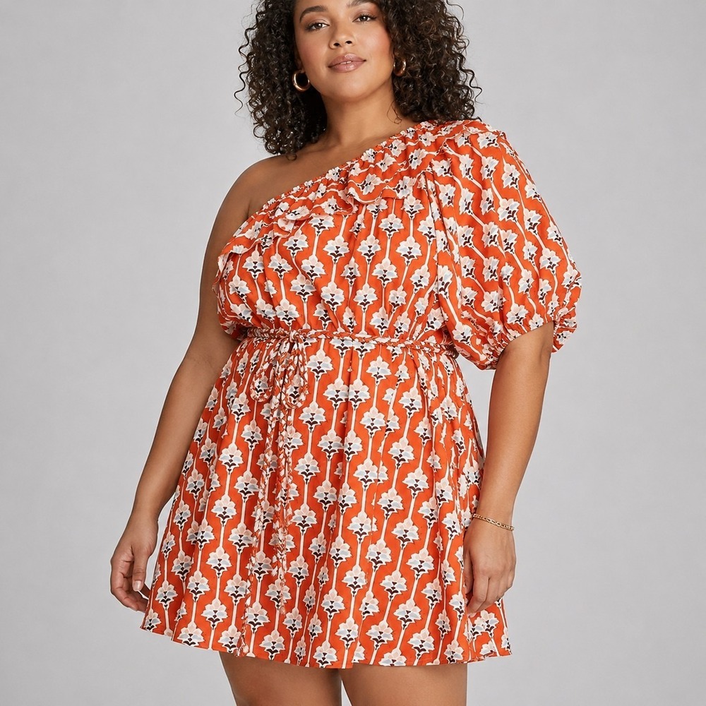 RHODE x TARGET Size 2X Lotus Floral Print Ruffled One Shoulder Belted Mini Dress